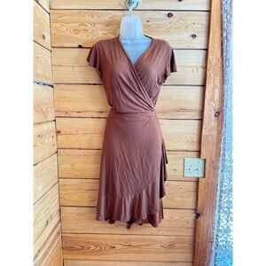 Om Grown Terracotta Brown Wrap Ruffle Hem Dress S/M V-Neck Boho Short Sleeve Boh